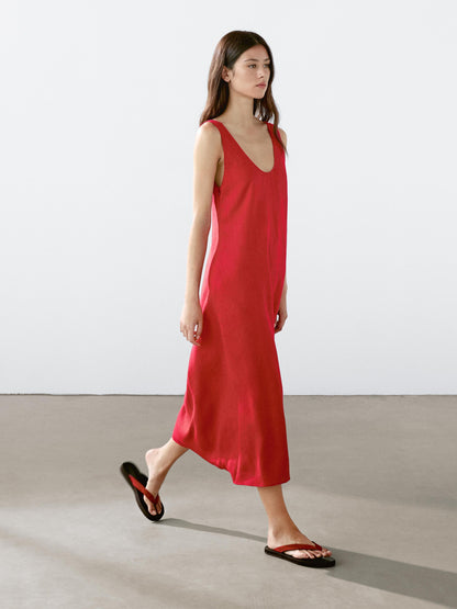 100% linen round neck midi dress