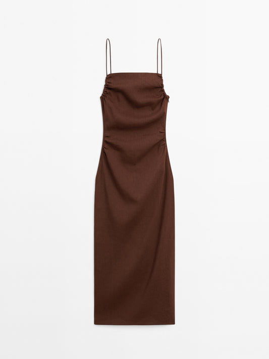Gathered linen blend midi dress