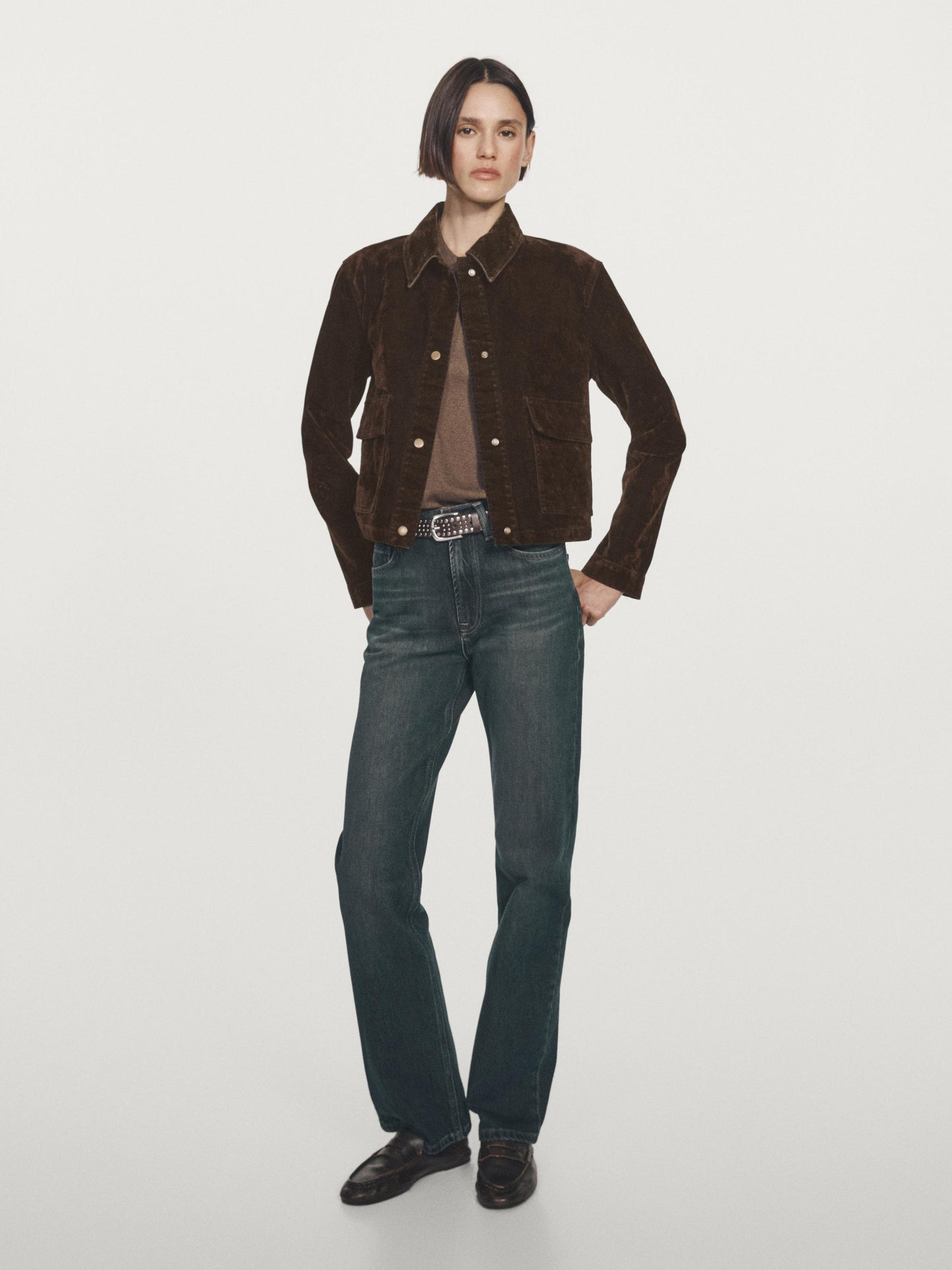 Short denim jacket with pockets and flocked finish
