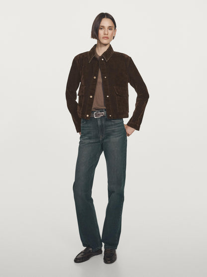 Short denim jacket with pockets and flocked finish