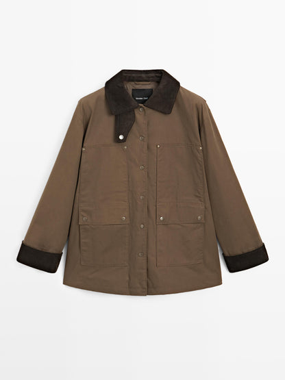 Waxed parka with corduroy detail