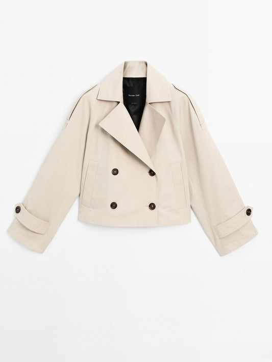 100% cotton short trench coat with lapel collar