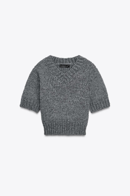 Cropped Knit V-Neck Sweater