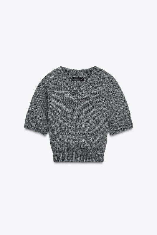 Cropped Knit V-Neck Sweater