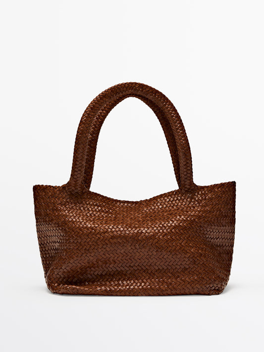 Braided leather half tote bag