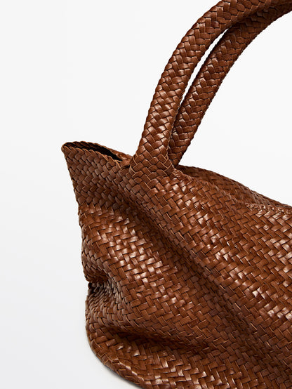 Braided leather half tote bag