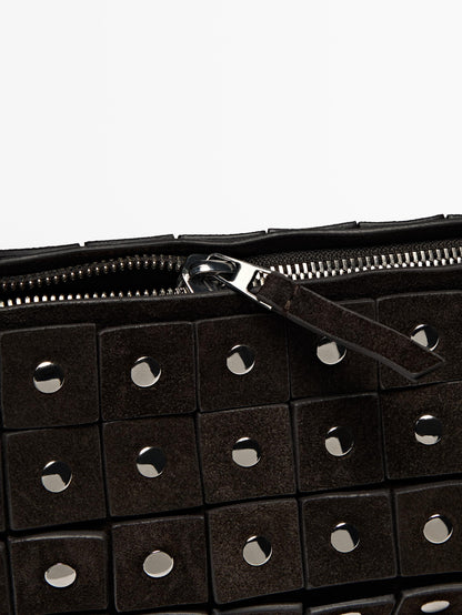 Studded split suede barrel bag