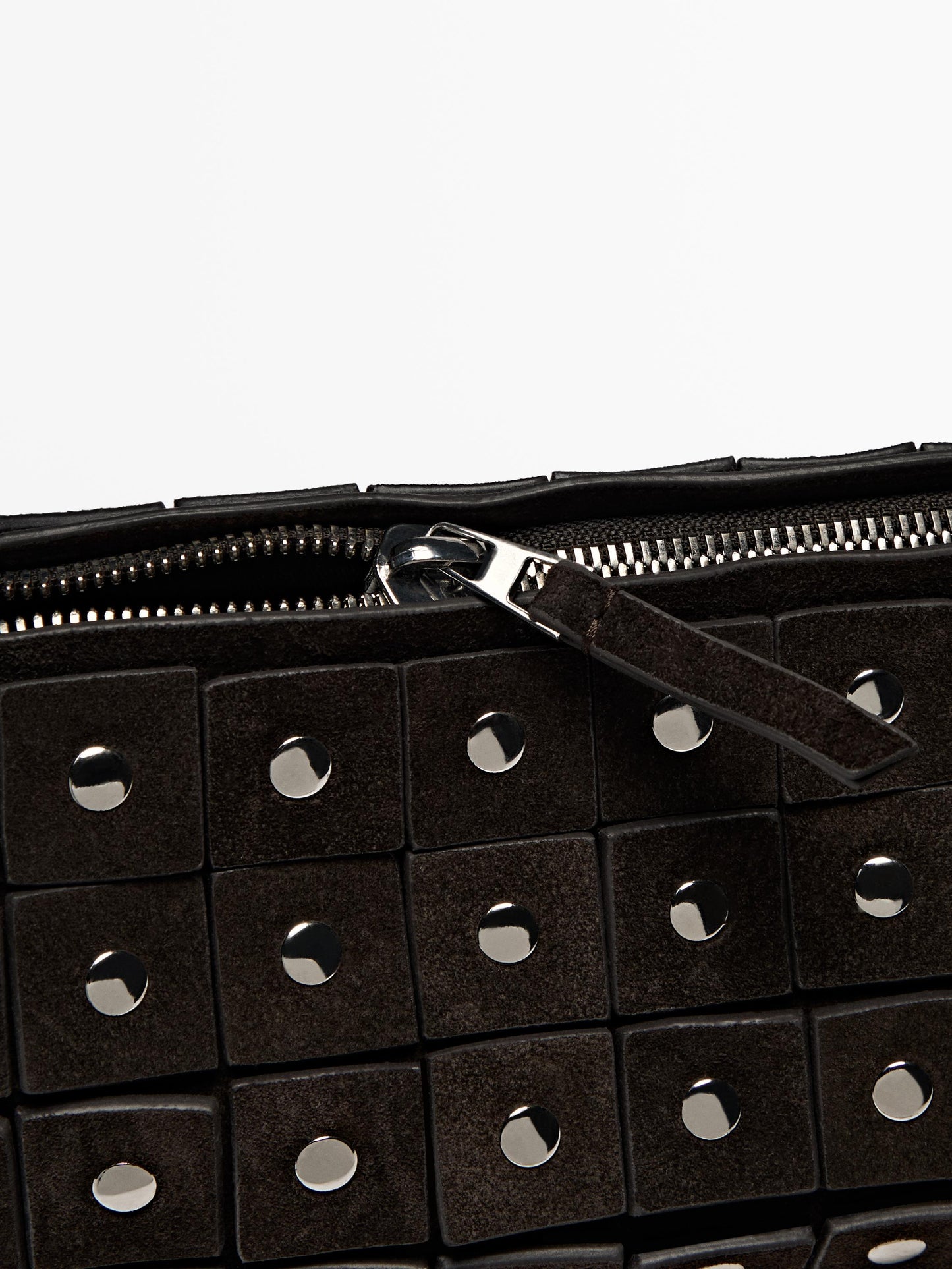 Studded split suede barrel bag