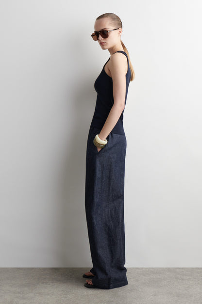 Denim wide-leg drawstring trousers