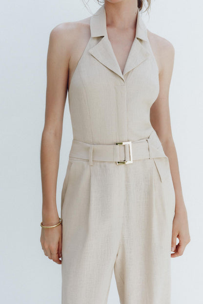 Halter Neck Linen Blend Jumpsuit