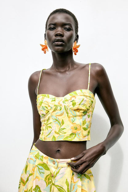 Printed Linen Blend Crop Top
