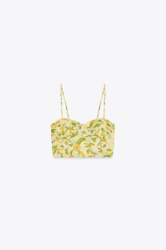 Printed Linen Blend Crop Top