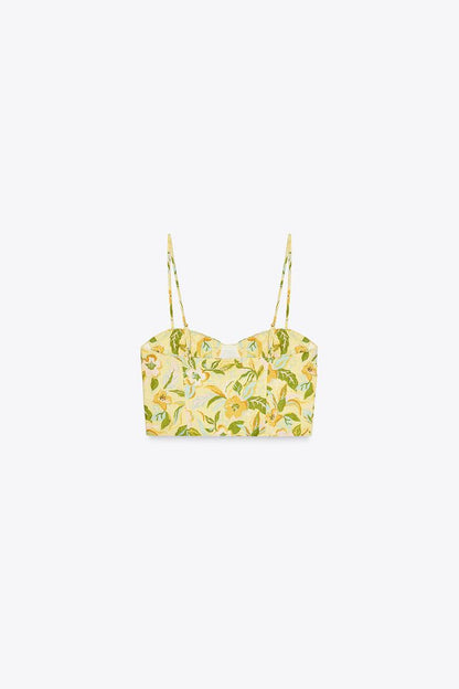 Printed Linen Blend Crop Top