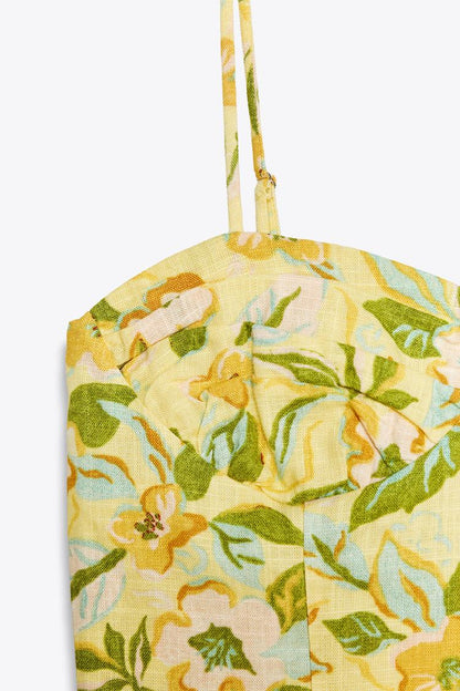 Printed Linen Blend Crop Top