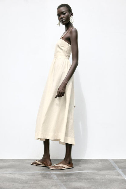 Beaded Strappy Linen Blend Midi Dress