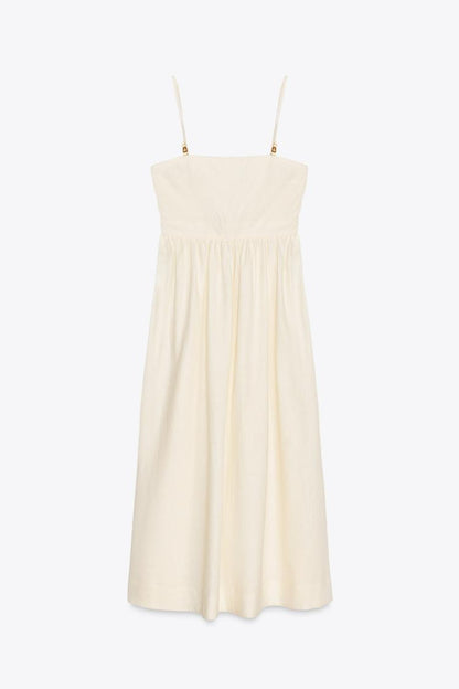 Beaded Strappy Linen Blend Midi Dress