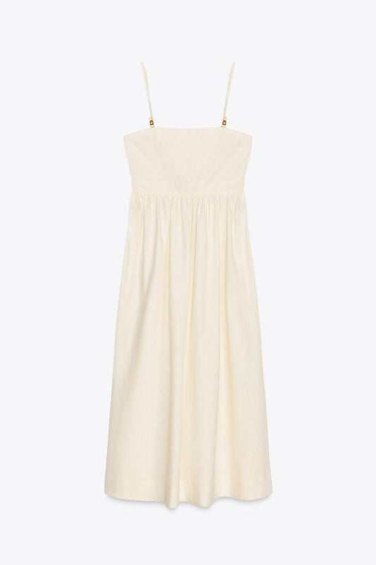 Beaded Strappy Linen Blend Midi Dress