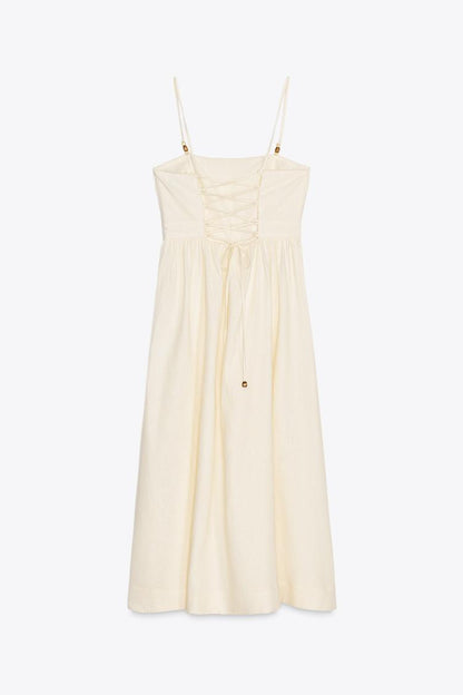 Beaded Strappy Linen Blend Midi Dress
