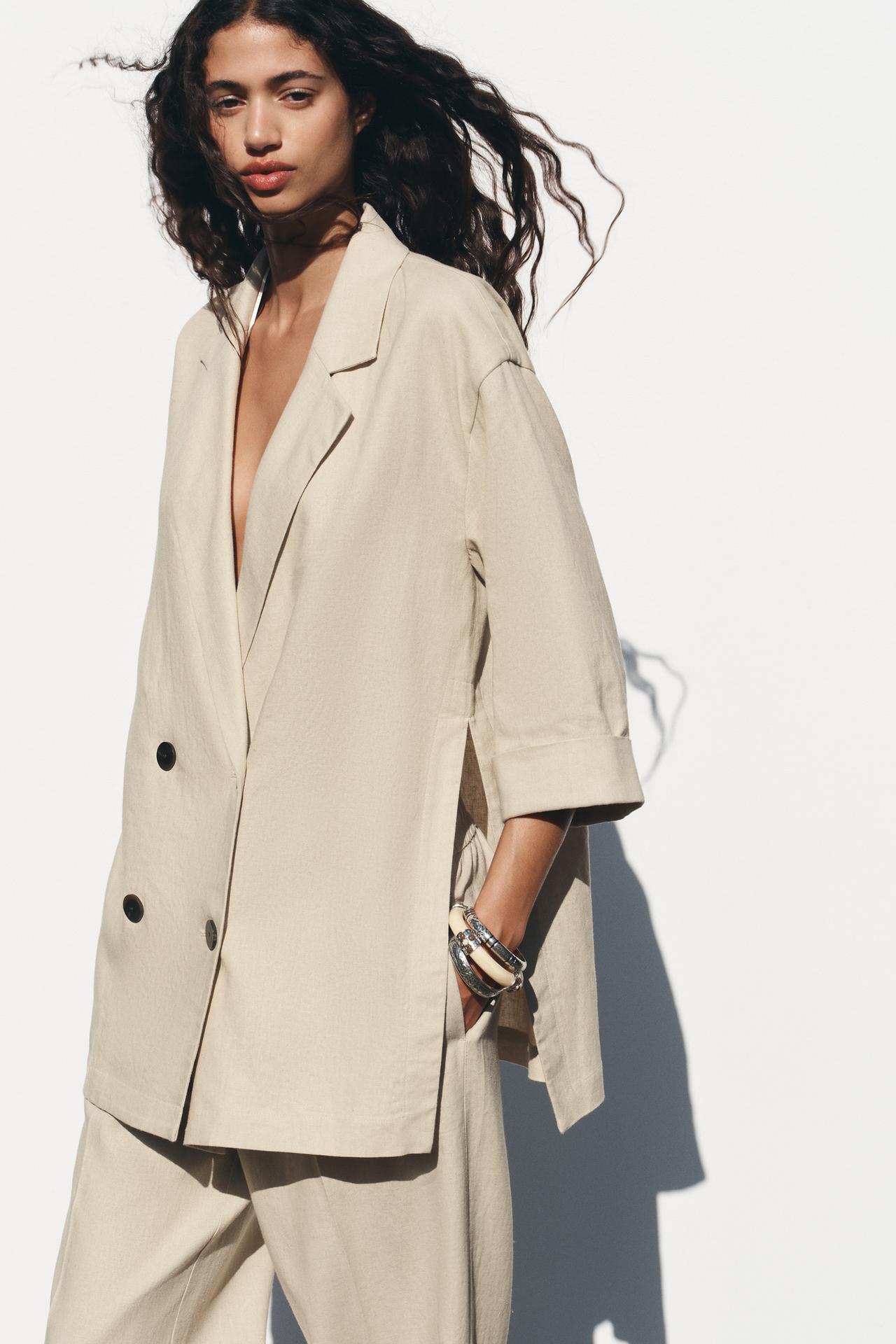 Double-breasted linen-blend blazer