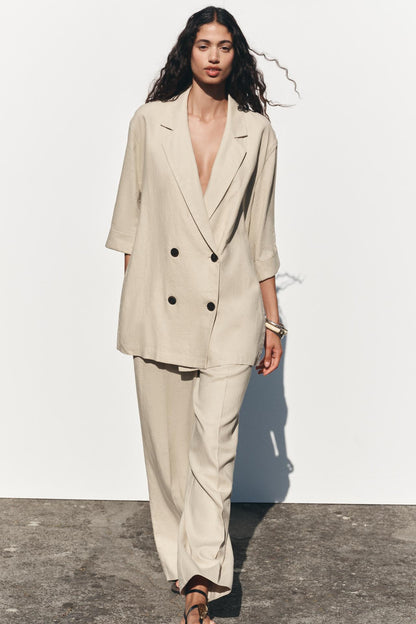 Double-breasted linen-blend blazer