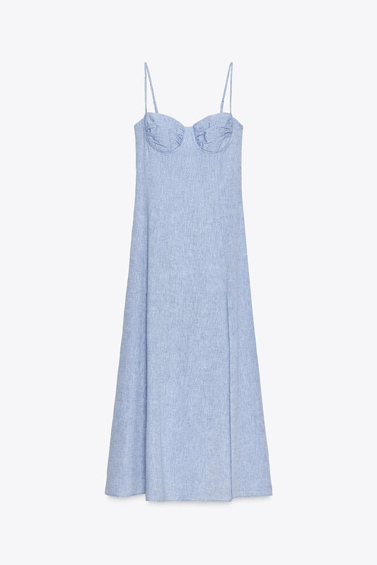 Midi Corsetry Dress with Linen Blend
