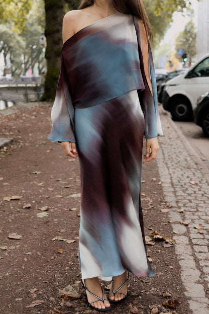 Cape Printed Satin Dress