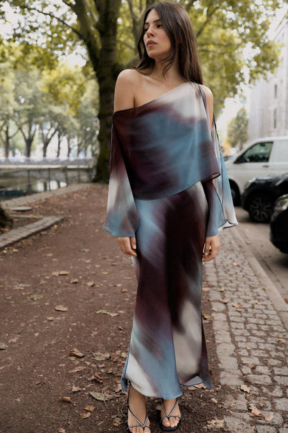 Cape Printed Satin Dress