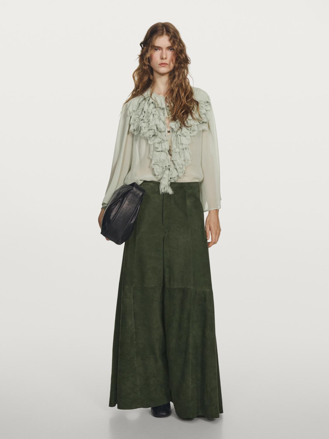 Suede leather wide-leg trousers