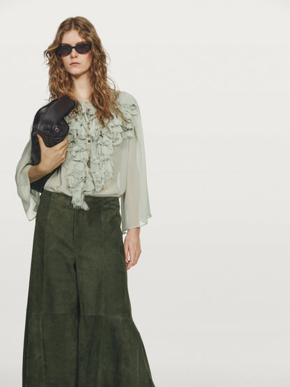 Suede leather wide-leg trousers