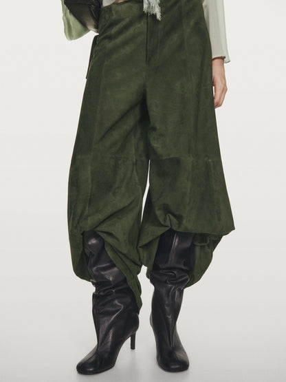Suede leather wide-leg trousers
