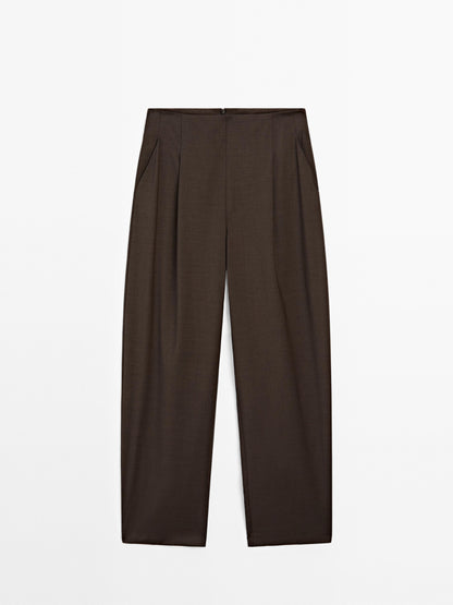 100% wool wide-leg darted trousers