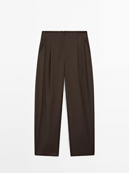 100% wool wide-leg darted trousers