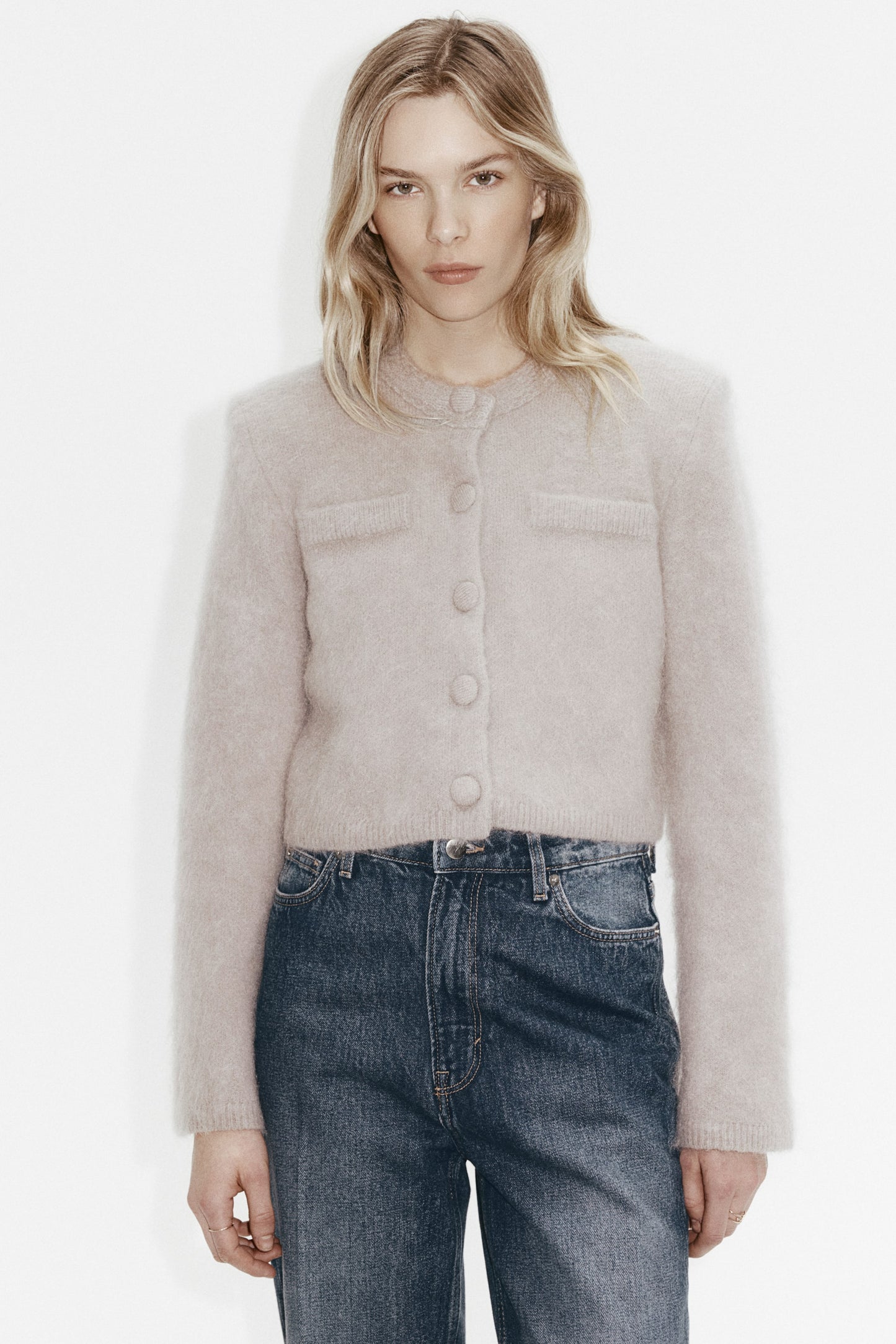 Mohair-blend shoulder-pad cardigan