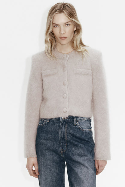 Mohair-blend shoulder-pad cardigan