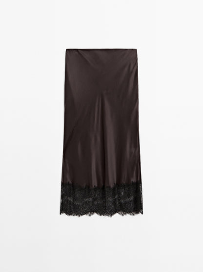 Satin lace-trimmed midi skirt