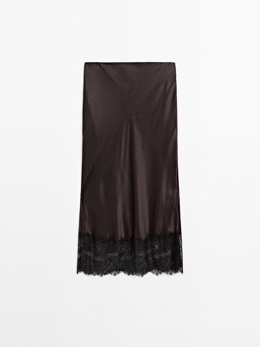 Satin lace-trimmed midi skirt
