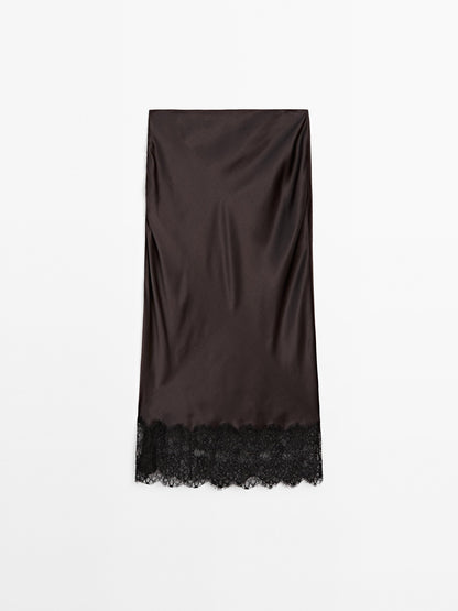 Satin lace-trimmed midi skirt