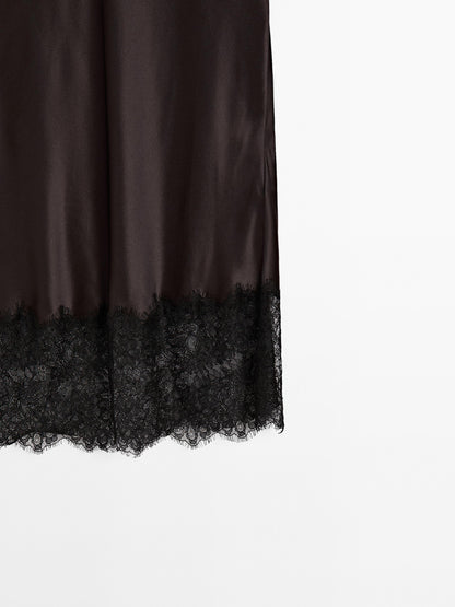 Satin lace-trimmed midi skirt