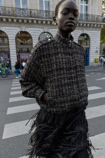 Textured Metallic Thread Bomber Jacket