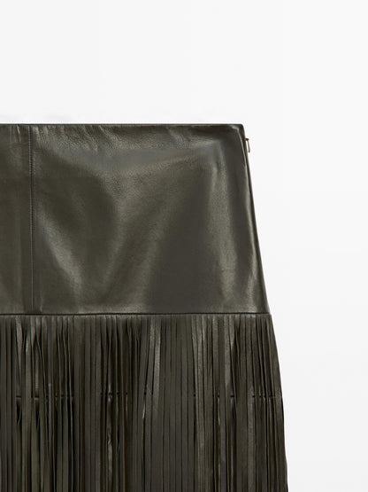 Nappa leather midi skirt with fringing