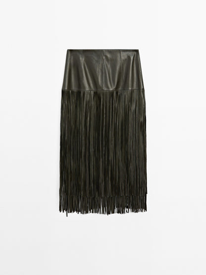 Nappa leather midi skirt with fringing