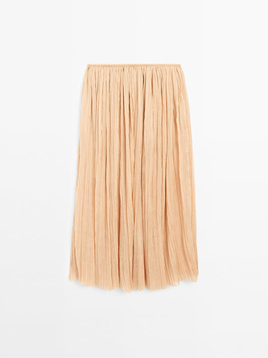 Pleated 100% silk midi skirt
