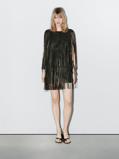 Short nappa leather dress with fringing