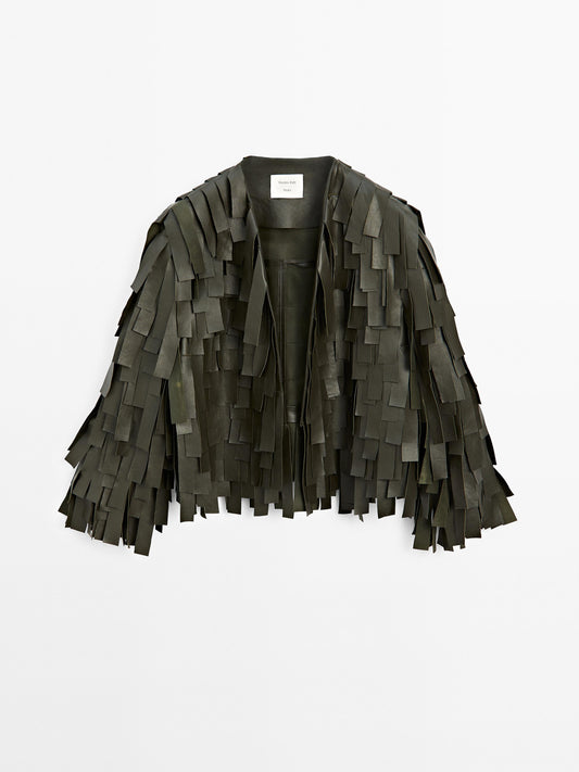 Nappa leather jacket with fringe detail
