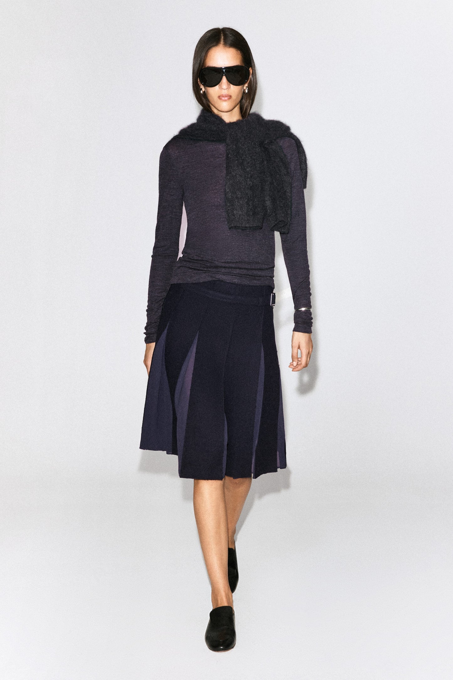 Belted Pleated Wool-Blend Skirt