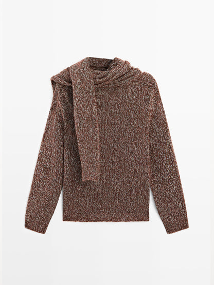 V-neck knit sweater with scarf