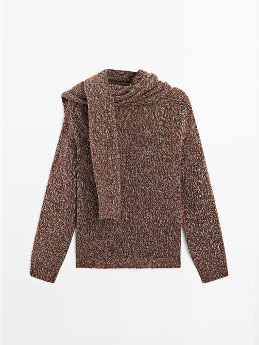 V-neck knit sweater with scarf