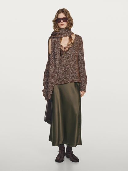 V-neck knit sweater with scarf