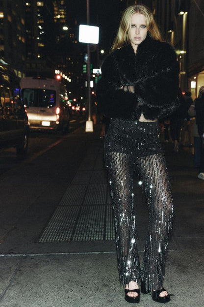 Fringed sequin leggings