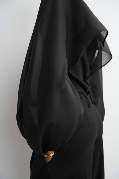 Balloon-sleeve sheer silk hybrid